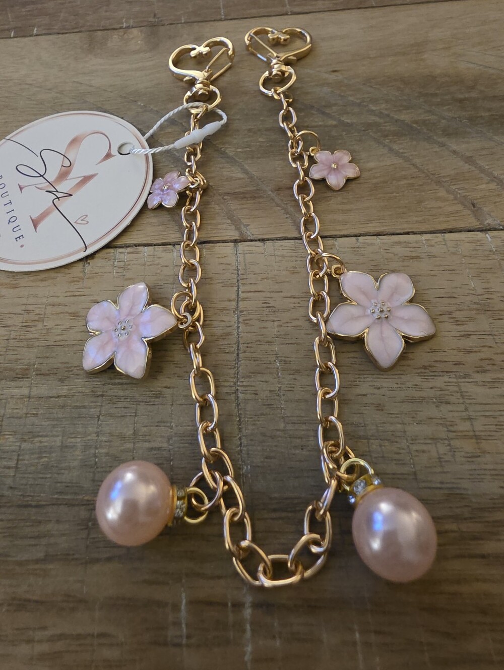SaBoutique Gold-tone Bag Chain Pink Floral Charms and Pink Pearl Drops
